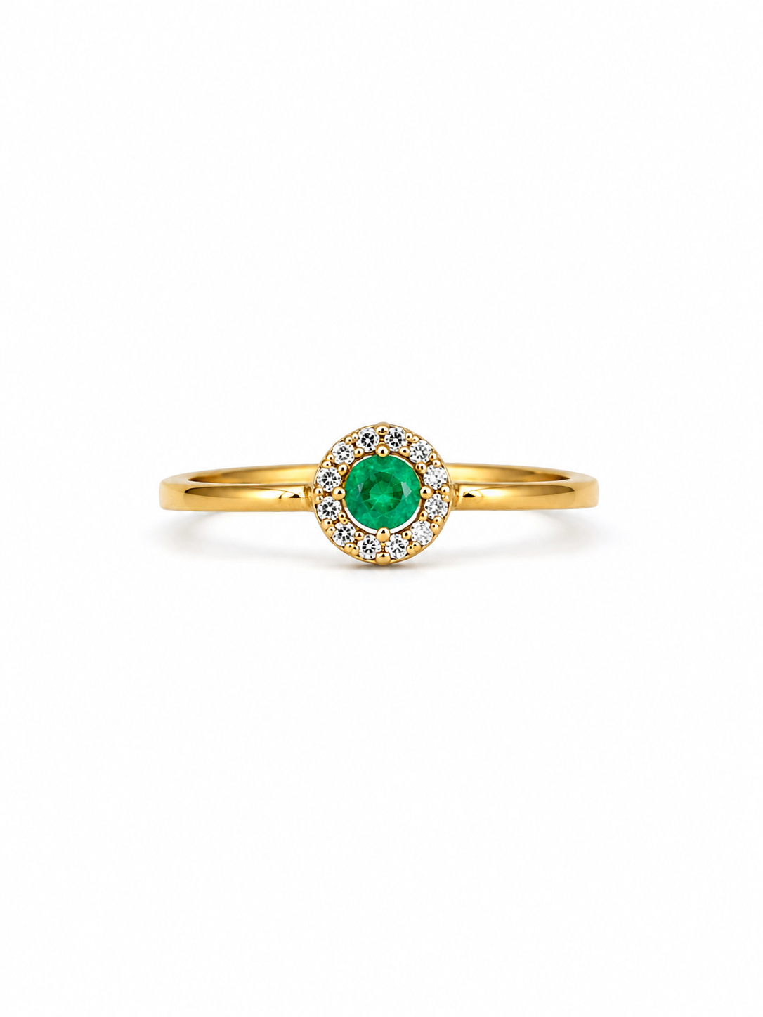 Anillo de mini esmeralda con halo de diamantes naturales en oro 14k