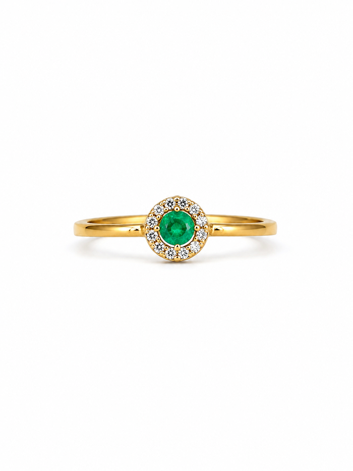 Anillo de mini esmeralda con halo de diamantes naturales en oro 14k