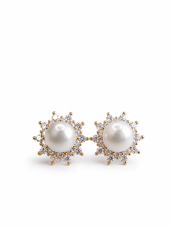 Aretes de perla con halo de diamantes en oro 14k