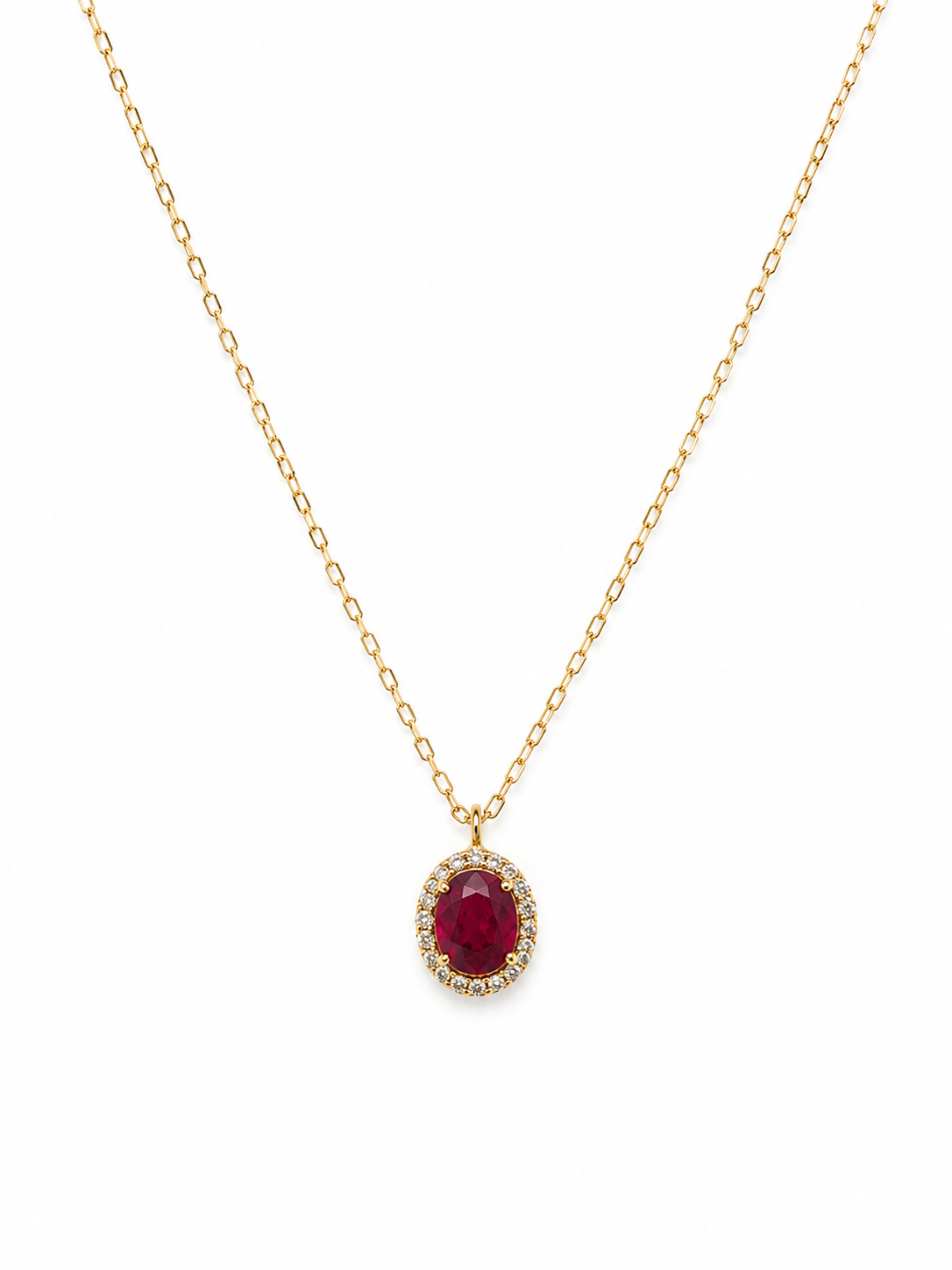 Gargantilla de rubí con halo de diamantes en oro 14k