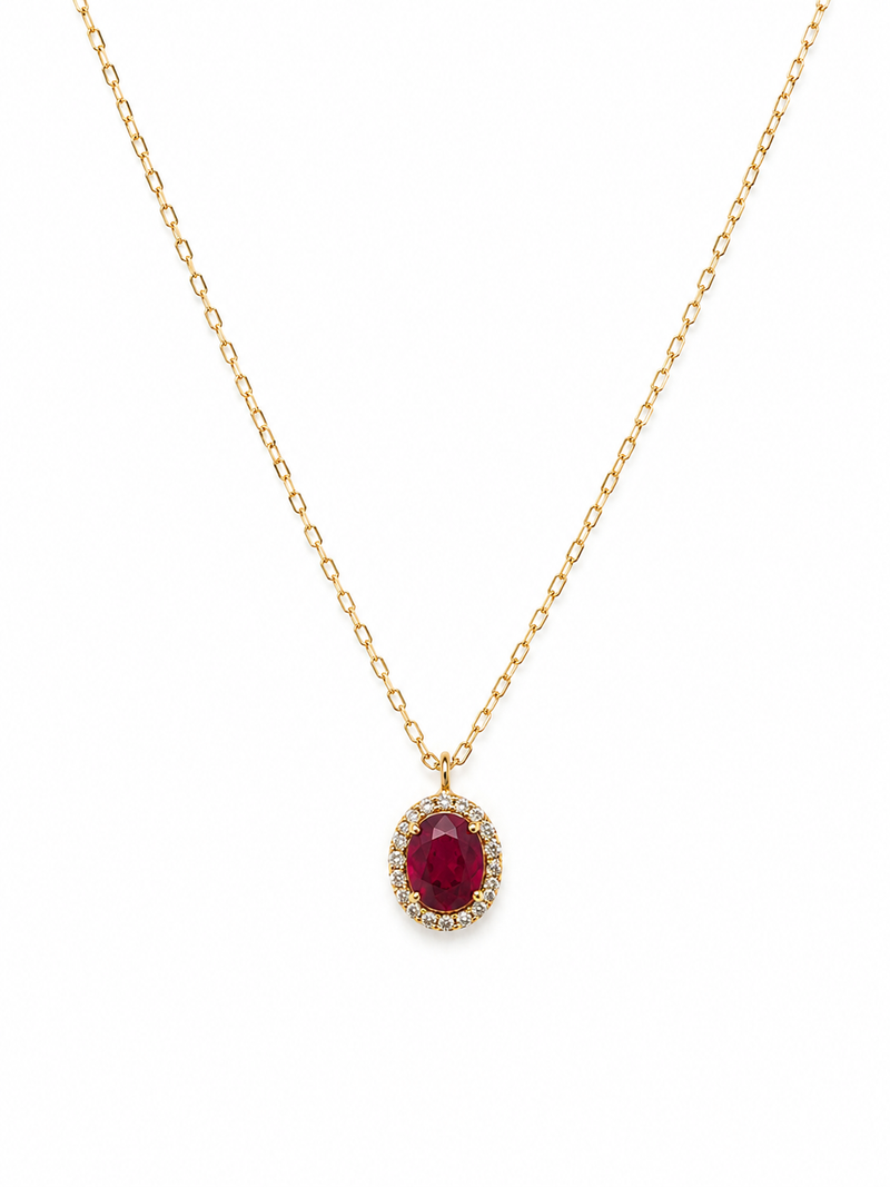Gargantilla de rubí con halo de diamantes en oro 14k