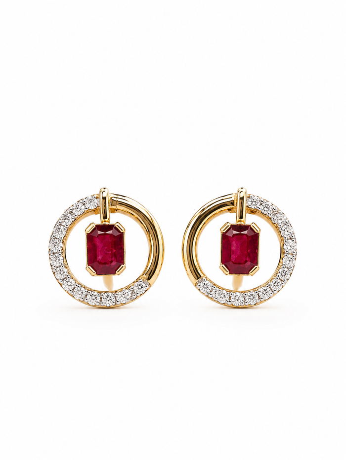 Arete de rubí con diamantes naturales en oro 14k