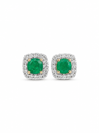 Aretes de esmeralda con halo de diamantes en oro 14k