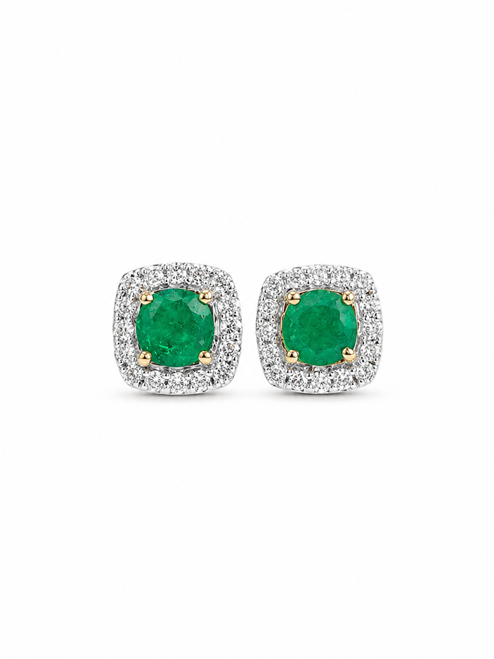 Aretes de esmeralda con halo de diamantes en oro 14k