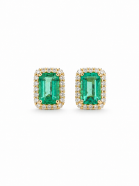 Aretes de esmeralda con halo de diamantes en oro 14k