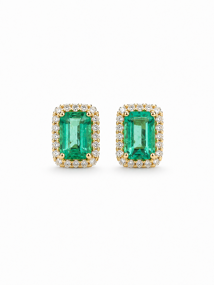 Aretes de esmeralda con halo de diamantes en oro 14k