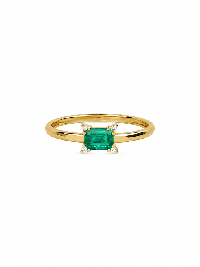 Anillo de esmeralda con 4 mini diamantes naturales en oro 14k