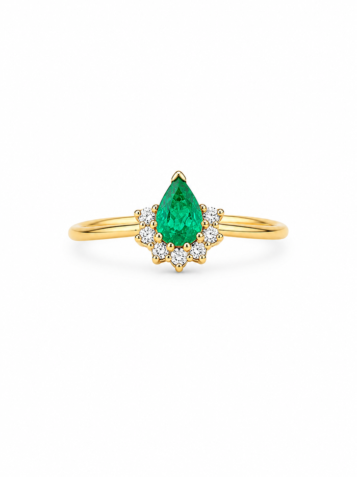 Anillo gota de esmeralda con diamantes naturales en oro 14k