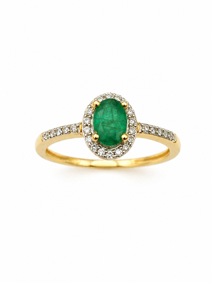 Anillo oval de esmeralda con halo de diamantes naturales en oro 14k