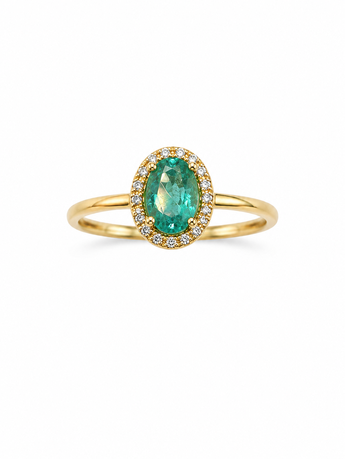 Anillo oval de esmeralda con halo de diamantes en oro 14k