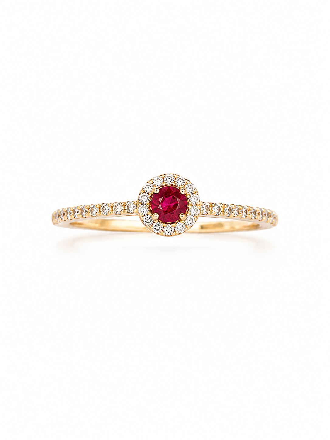 Anillo de mini rubi con halo de diamantes en oro 14k