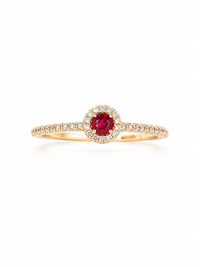 Anillo de mini rubi con halo de diamantes en oro 14k