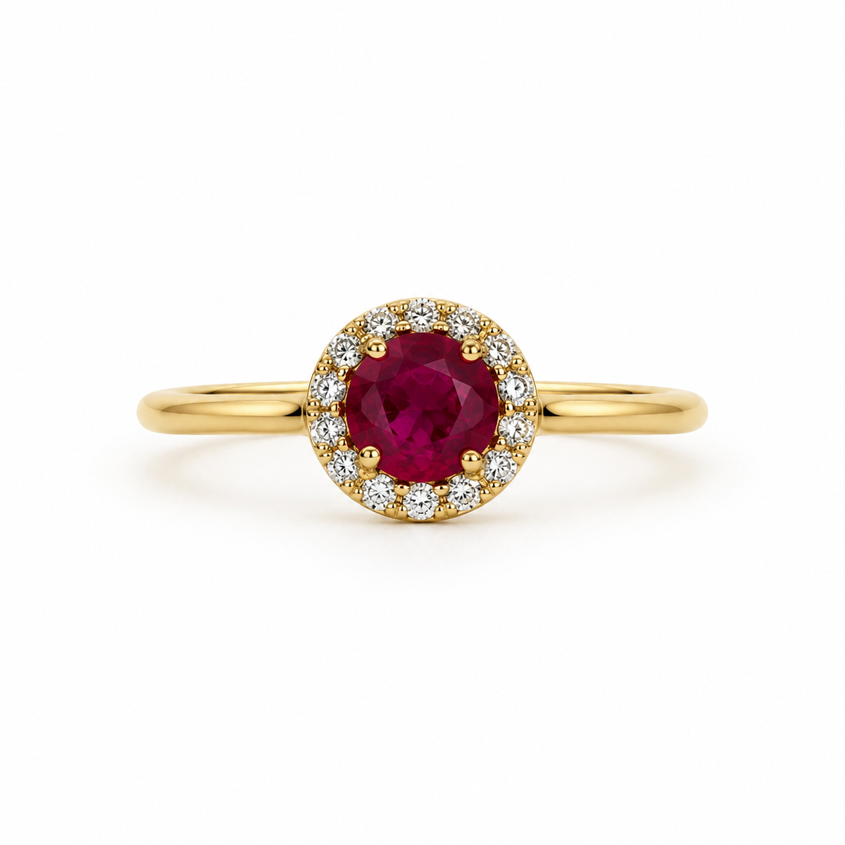 Anillo de rubi con halo de diamantes en oro 14k