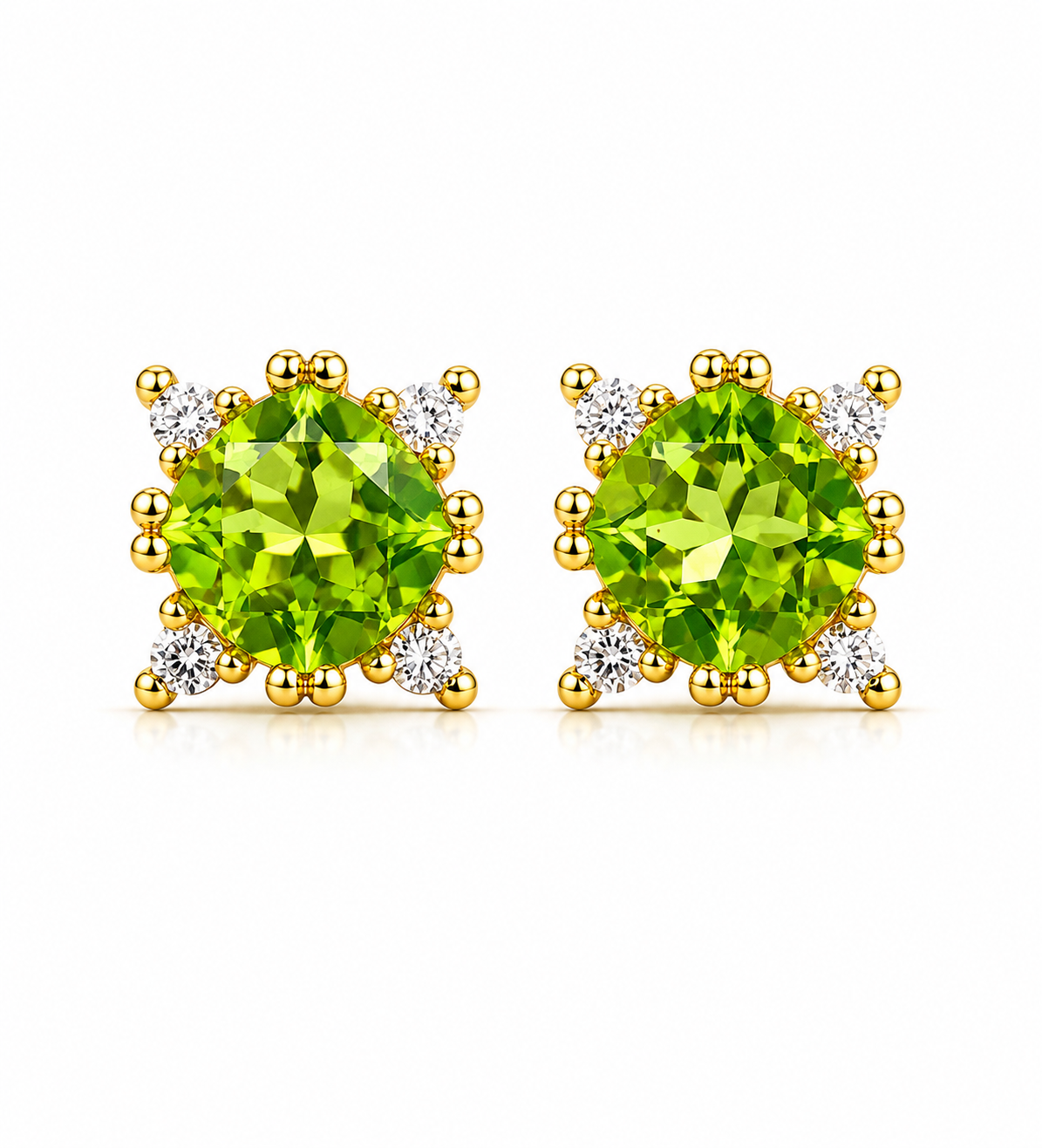 Arete de peridoto con 4 mini diamantes en oro 14k