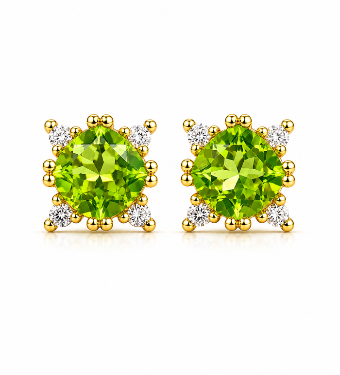 Arete de peridoto con 4 mini diamantes en oro 14k