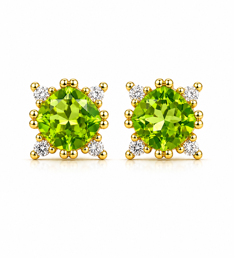 Arete de peridoto con 4 mini diamantes en oro 14k