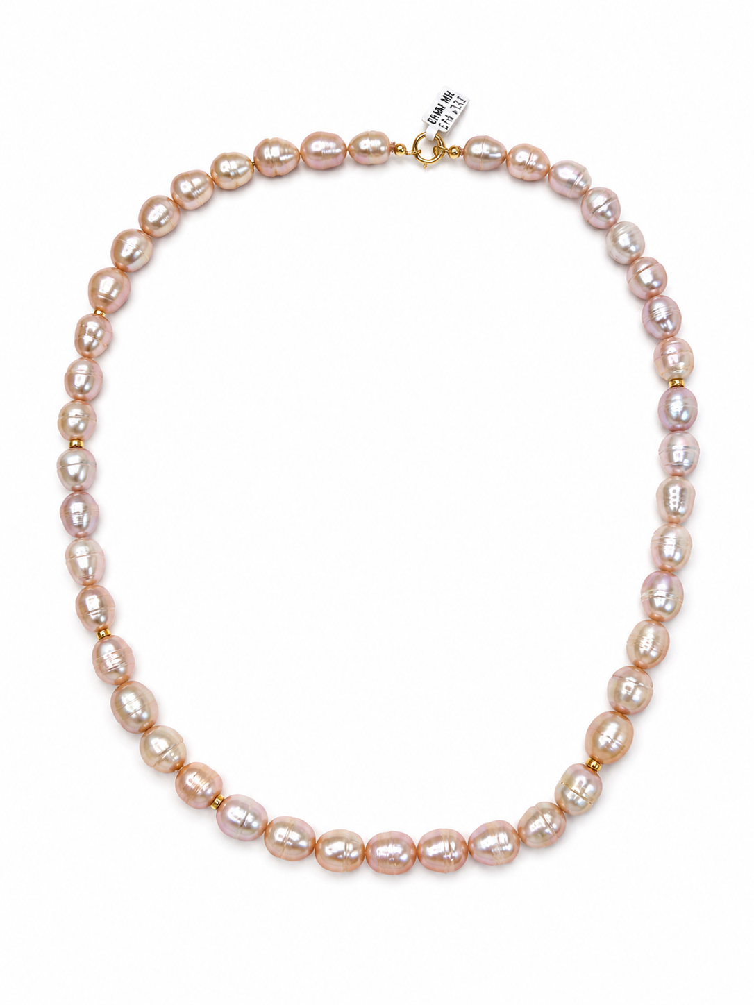 Collar de perla rosa con bolitas bimetal y broche oro 10k