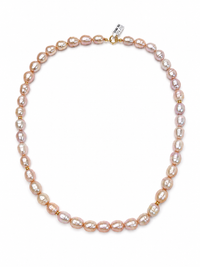 Collar de perla rosa con bolitas bimetal y broche oro 10k