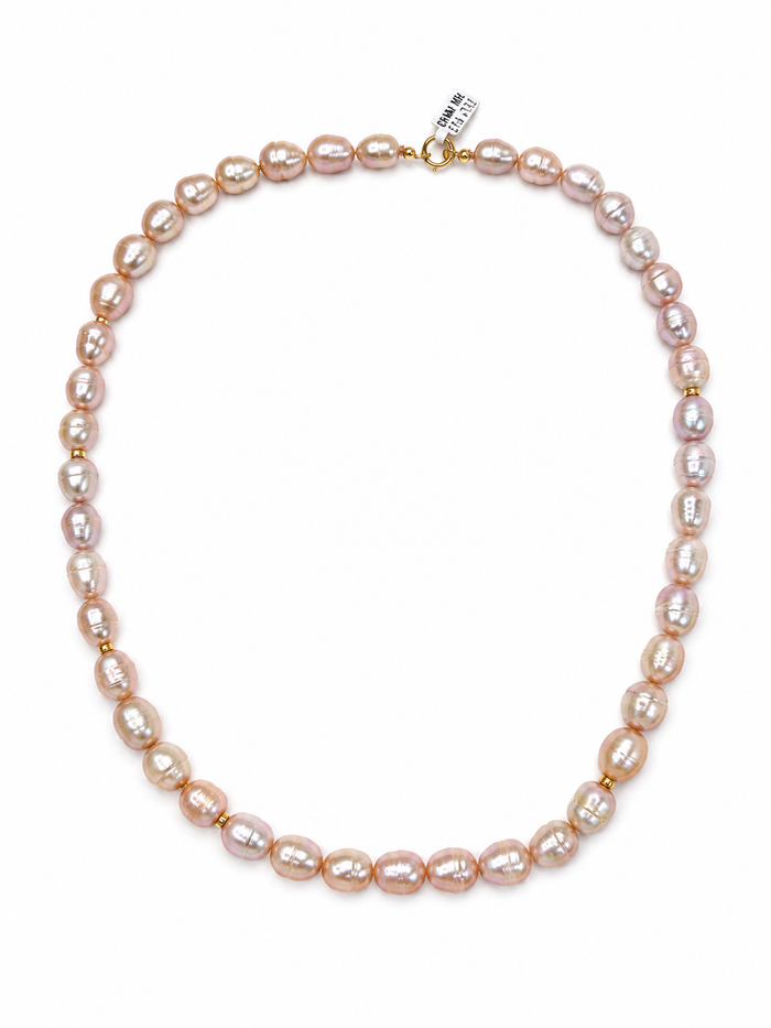 Collar de perla rosa con bolitas bimetal y broche oro 10k