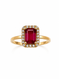 Anillo de rubi con halo de diamante en oro 14k