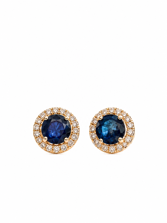 Arete de zafiro con halo de diamantes en oro 14k