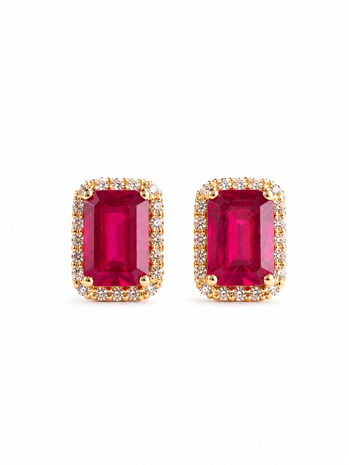 Arete de rubí con halo de diamantes en oro 14k