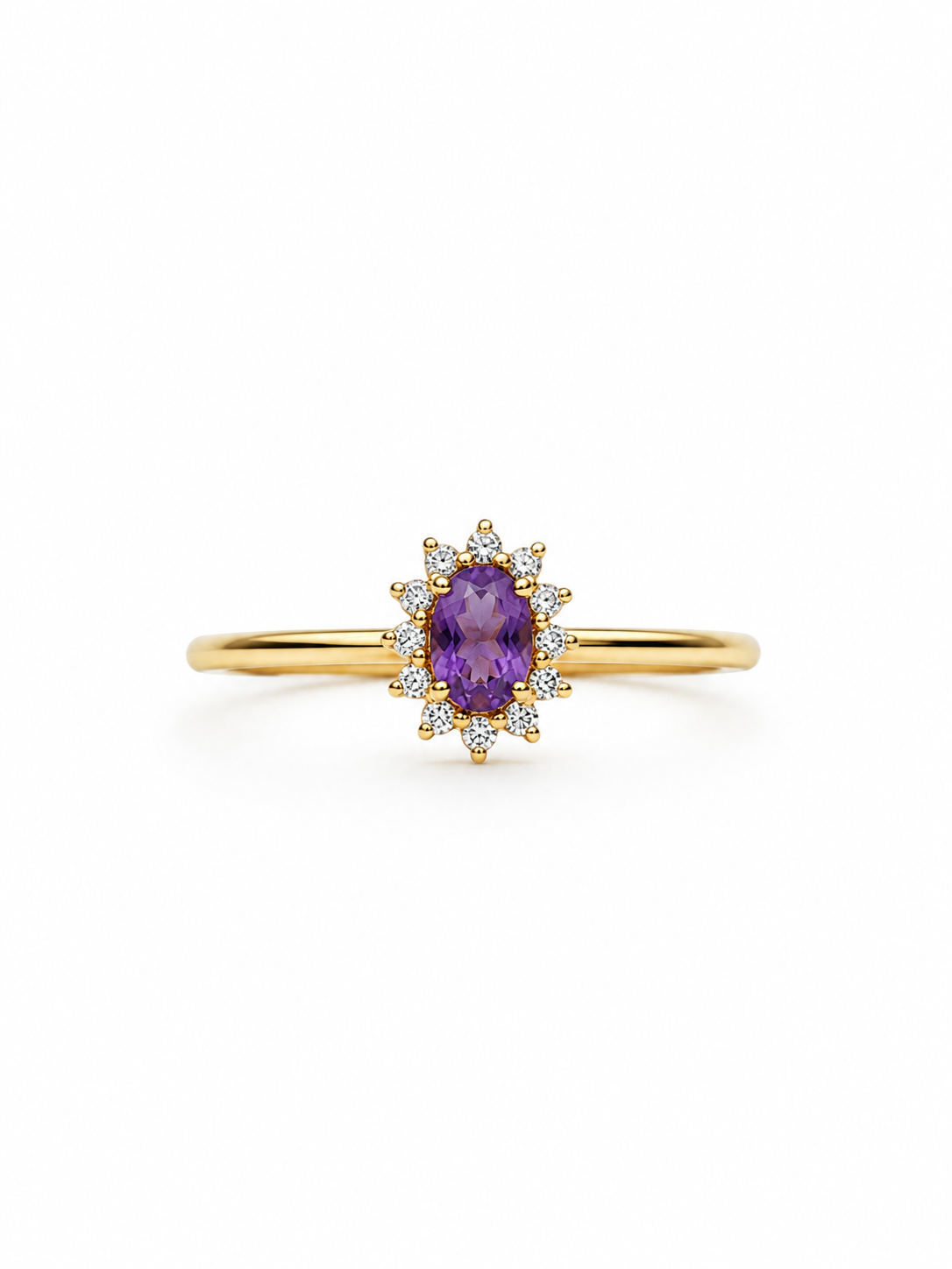 Anillo de amatista oval con halo de diamantes en oro 14k