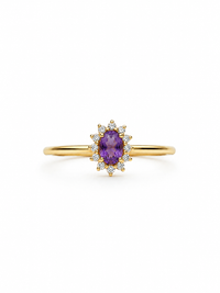 Anillo de amatista oval con halo de diamantes en oro 14k