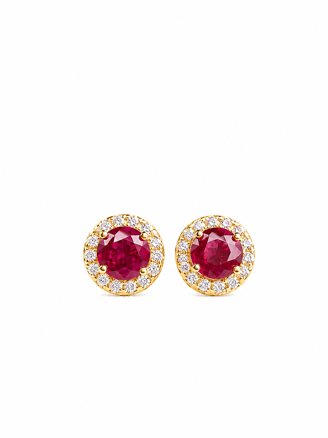 Arete de rubí con halo de diamantes en oro 14k
