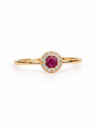 Anillo mini rubi con halo diamantes en oro 14k