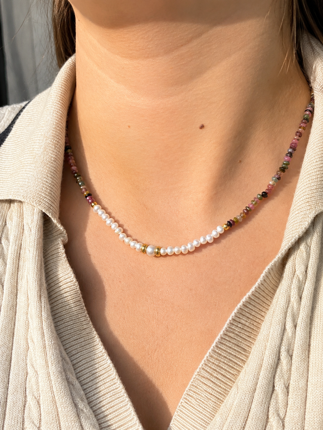 Collar Turmalina y perla con broche oro 10k