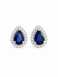Arete gota de zafiro con halo de diamantes en oro 14k