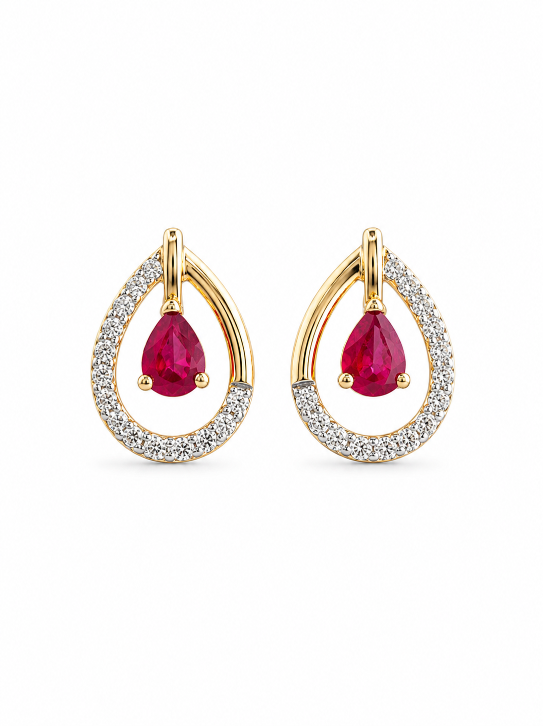 Arete gota de rubí con diamantes naturales en oro 14k