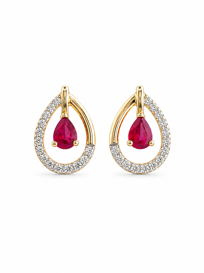 Arete gota de rubí con diamantes naturales en oro 14k