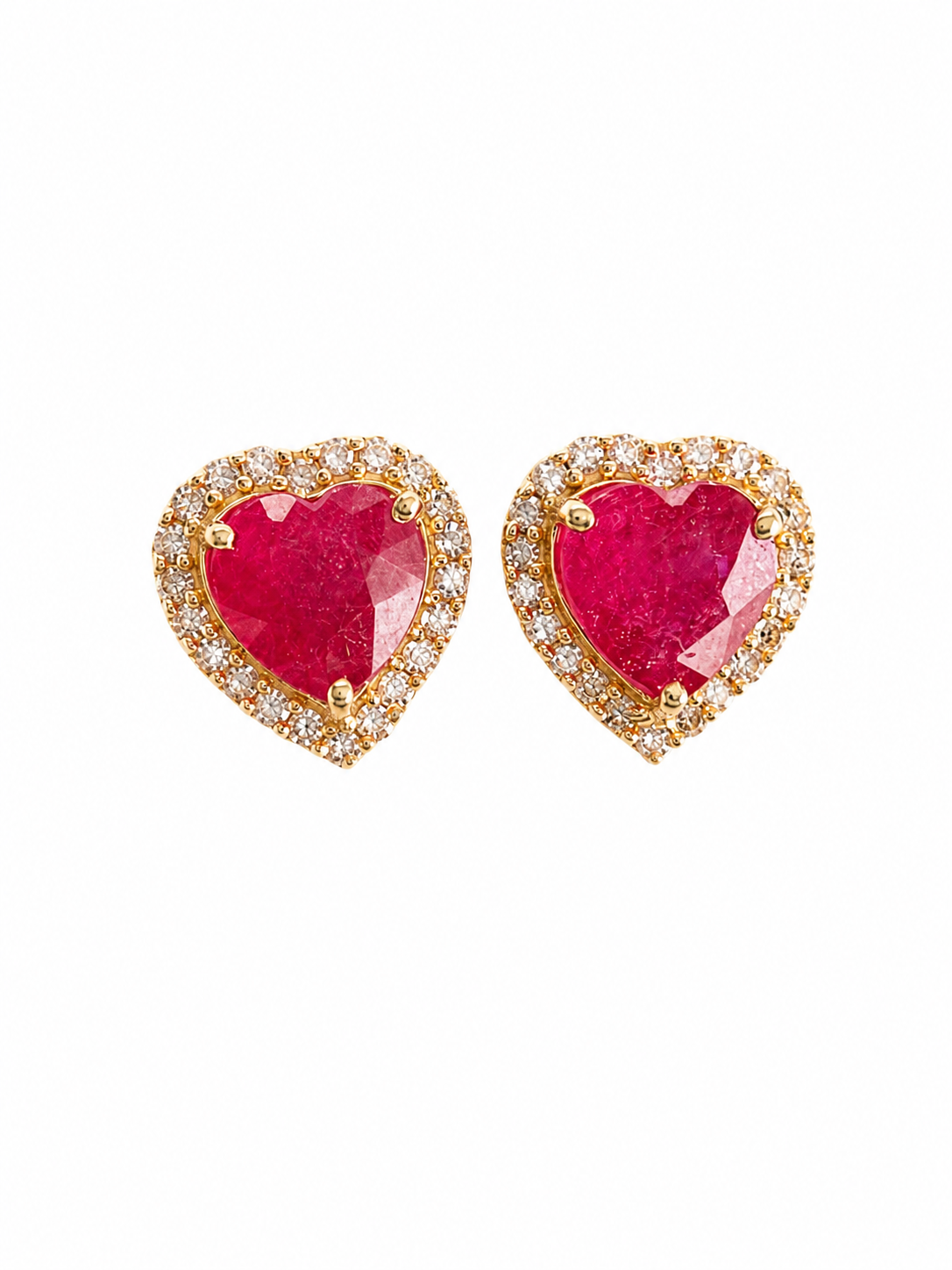 Arete de corazón Rubí con halo de diamantes en oro 14k