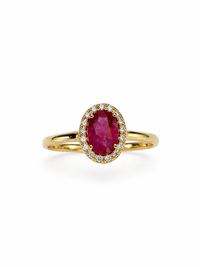 Anillo de rubi oval con halo de diamantes en oro 14k