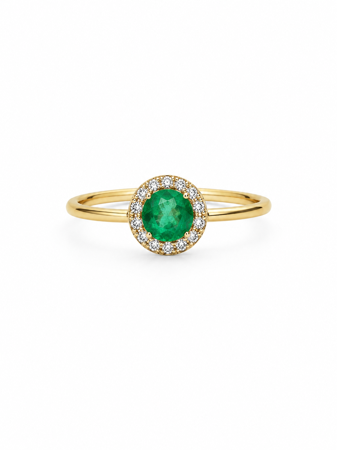 Anillo de esmeralda con halo de diamantes naturales en oro 14k