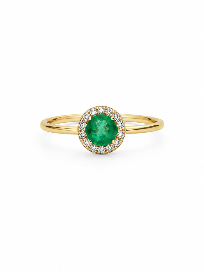 Anillo de esmeralda con halo de diamantes naturales en oro 14k