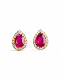 Arete gota de rubí con halo diamantes en oro 14k
