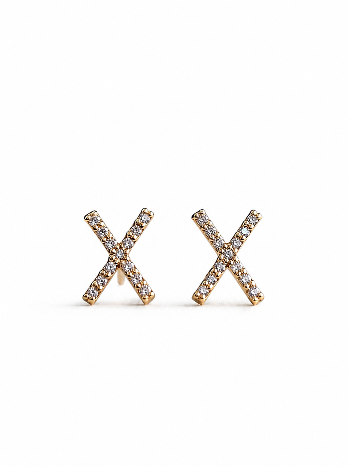 Aretes X con diamantes naturales en oro 14k