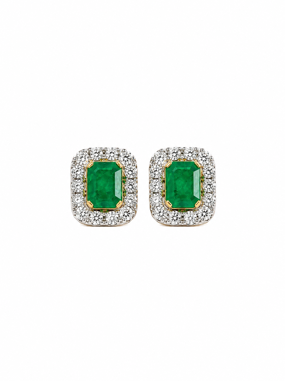 Arete de esmeralda con halo de diamantes en oro 14k