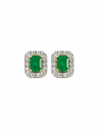 Arete de esmeralda con halo de diamantes en oro 14k