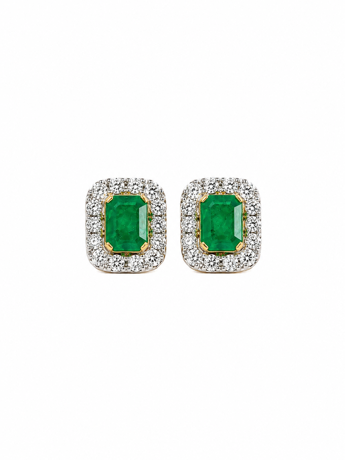 Arete de esmeralda con halo de diamantes en oro 14k