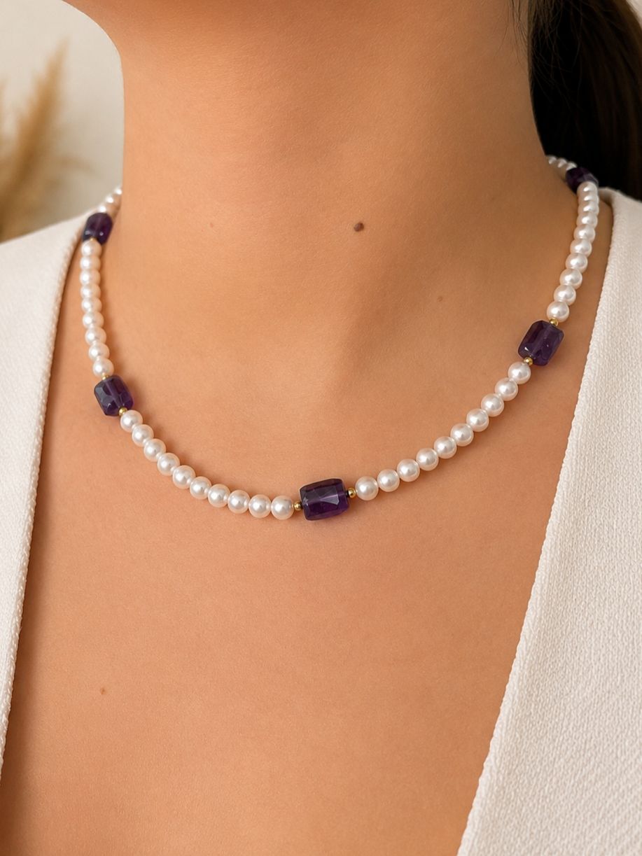 Collar de perla con amatista y broche oro 10k