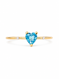 Anillo corazón aguamarina y 2 mini diamantes en oro 14k