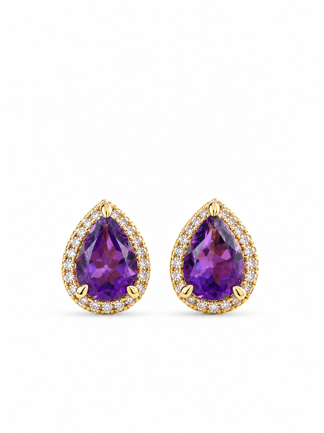 Arete de gota amatista con halo de diamantes en oro 10k