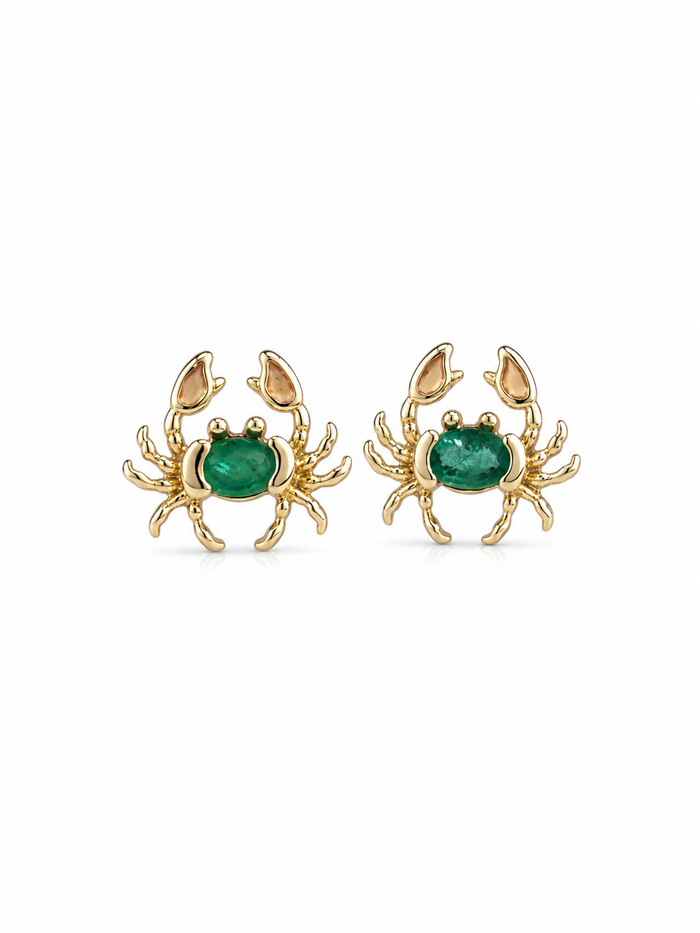 Arete cangrejo esmeralda en oro 14k