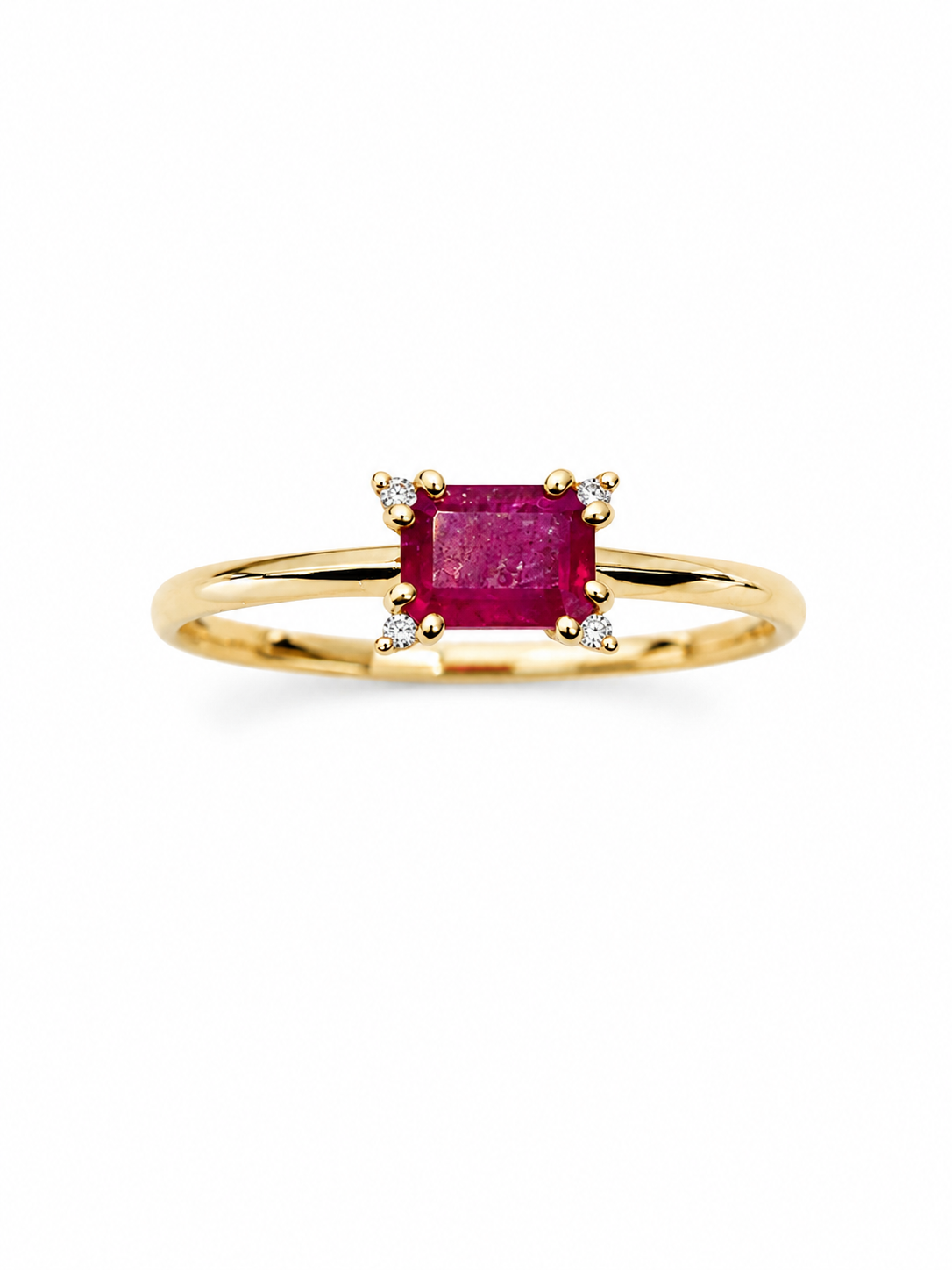 Anillo de rubi rectangular con 4 mini diamantes en oro 14k