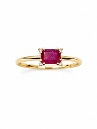 Anillo de rubi rectangular con 4 mini diamantes en oro 14k