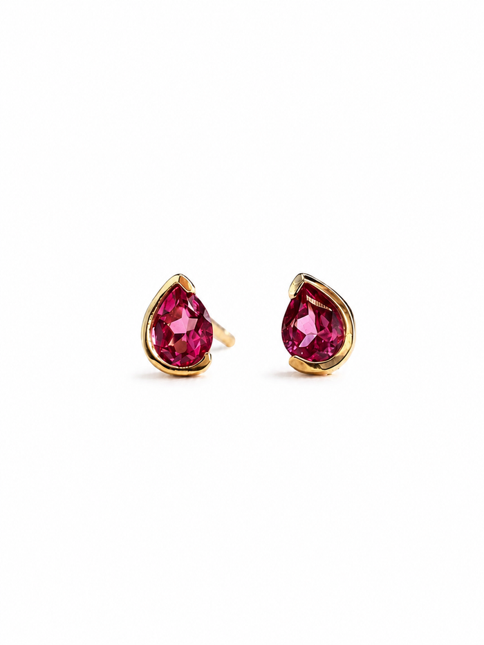 Arete mini gota Turmalina Rosa medio biselado en oro 14k